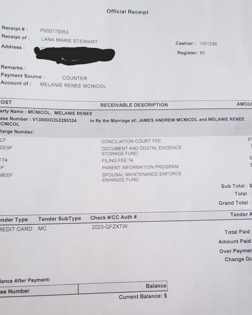 melanie mcnicol did not pay court fees